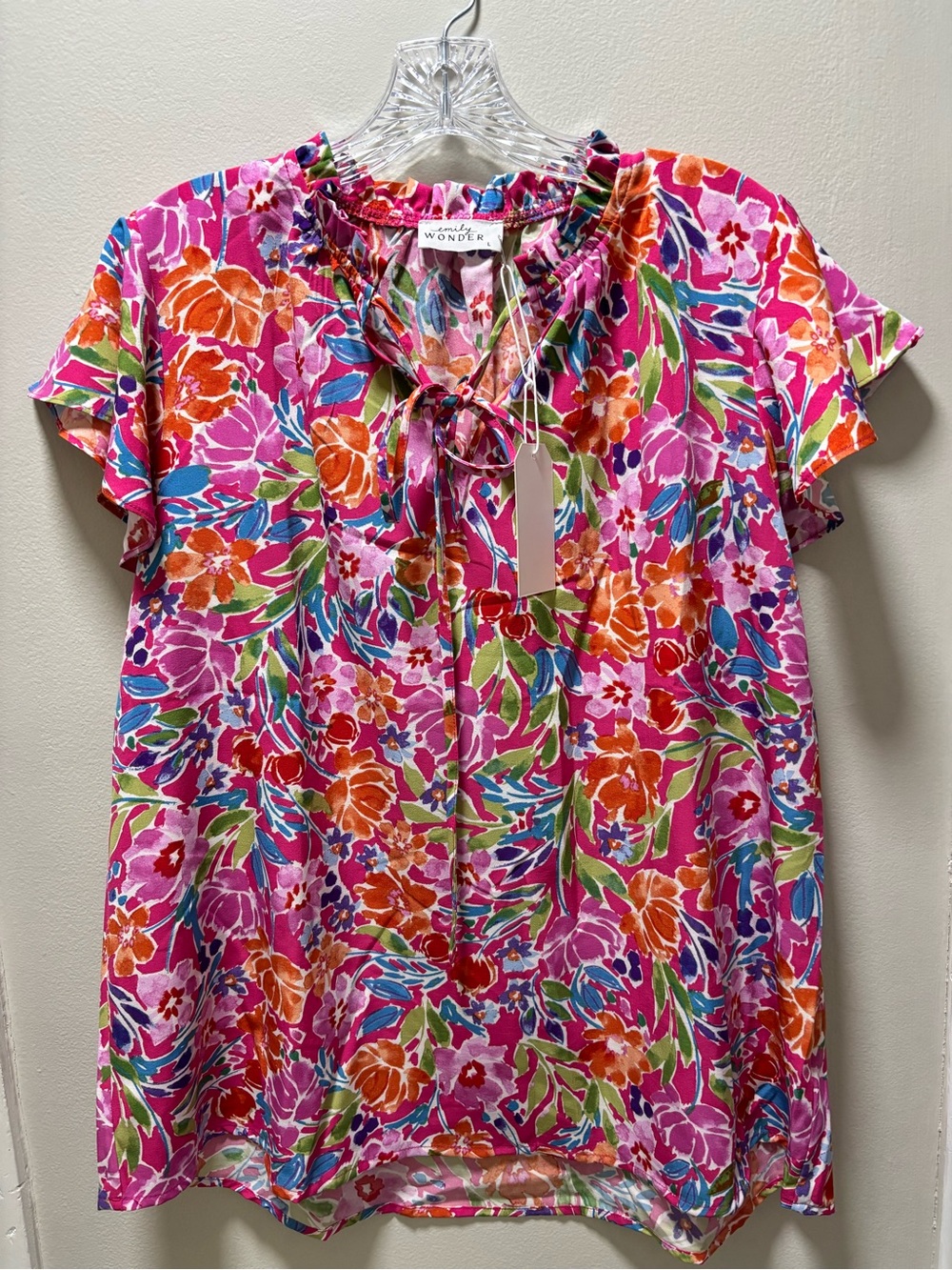 Floral Tie Neck Cap Sleeve Top Pink Multi Size Large New Tags